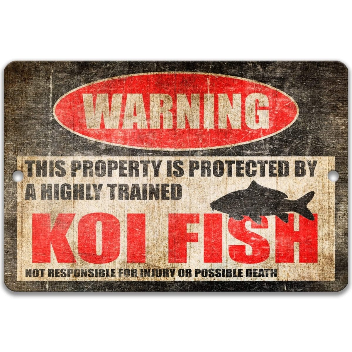 Koi fish warning metal sign, glossy black, red WARNING oval and koi fish silhouette