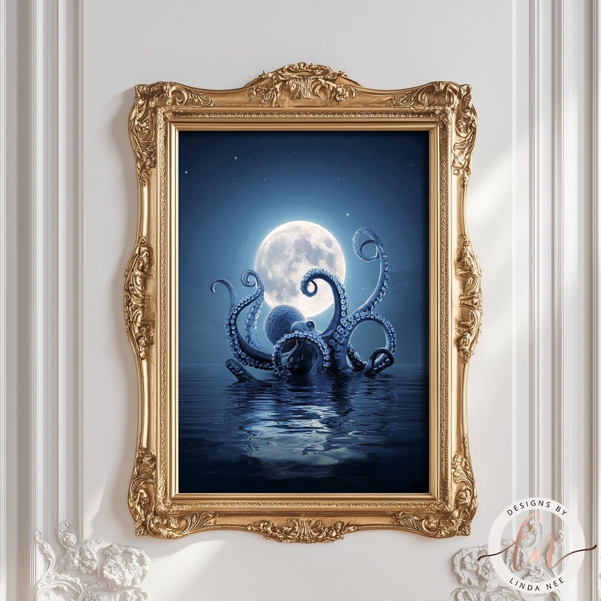 an octopus with tentacles spread out in the water, with a full moon in the background.