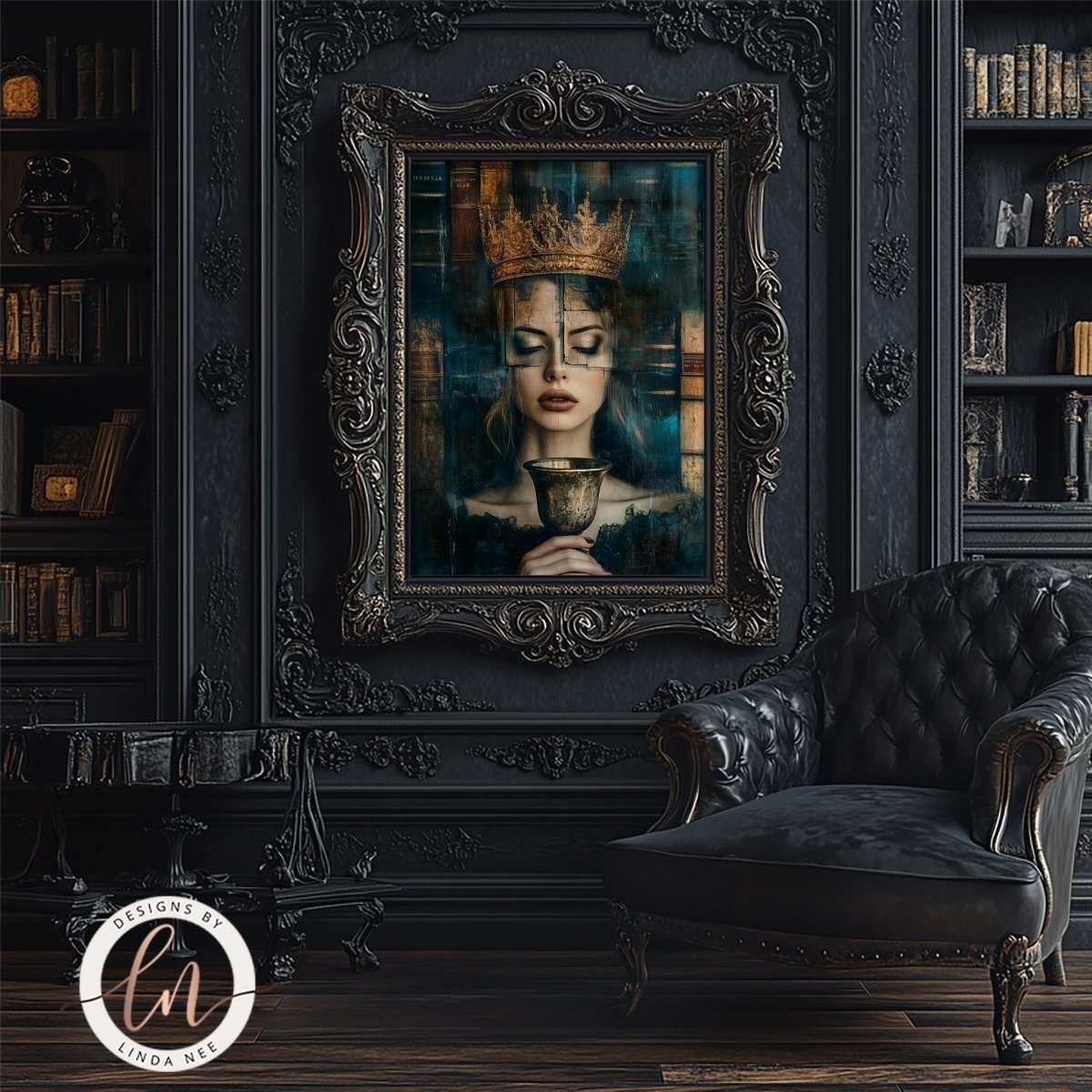 Crowned queen with chalice print displayed in a gold ornate frame