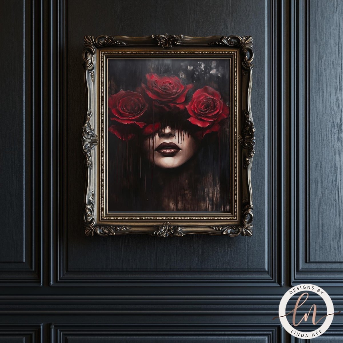 a dark, moody portrait of a woman with red roses covering her eyes, creating an ethereal and mysterious atmosphere.