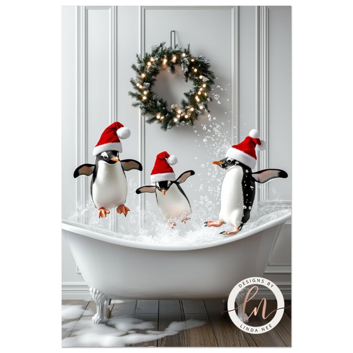 Three penguins in Santa hats splashing in a tub strung with Christmas lights