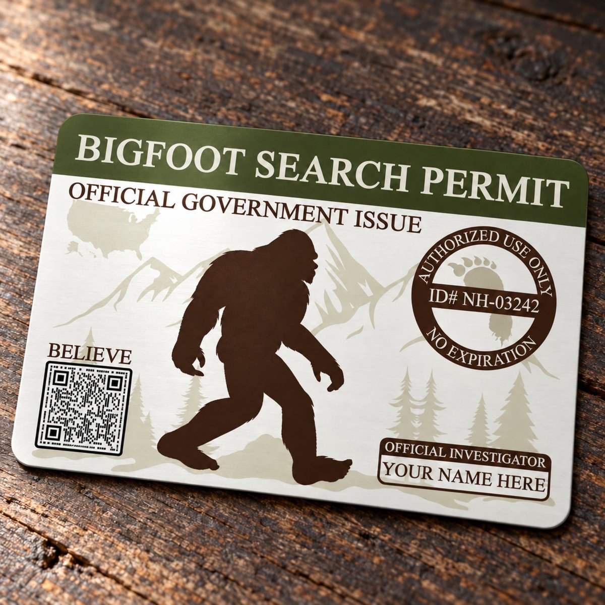 The image is a search permit for Bigfoot, featuring a silhouette of a Sasquatch and various identification and authorization details.