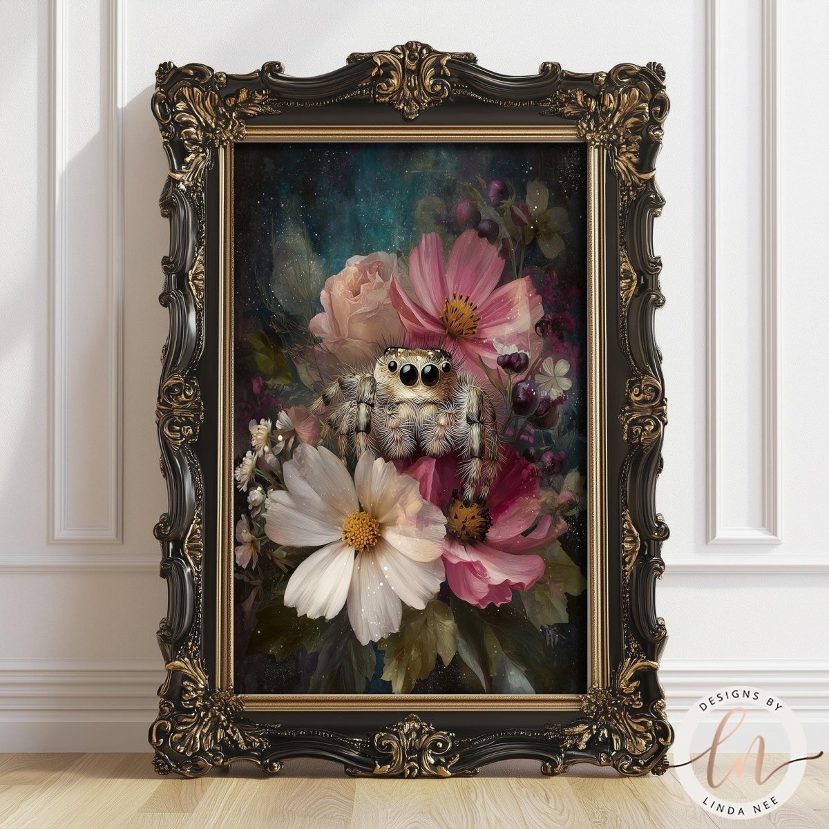a painting of a spider sitting amidst a vibrant floral arrangement, with a black ornate frame surrounding the artwork.