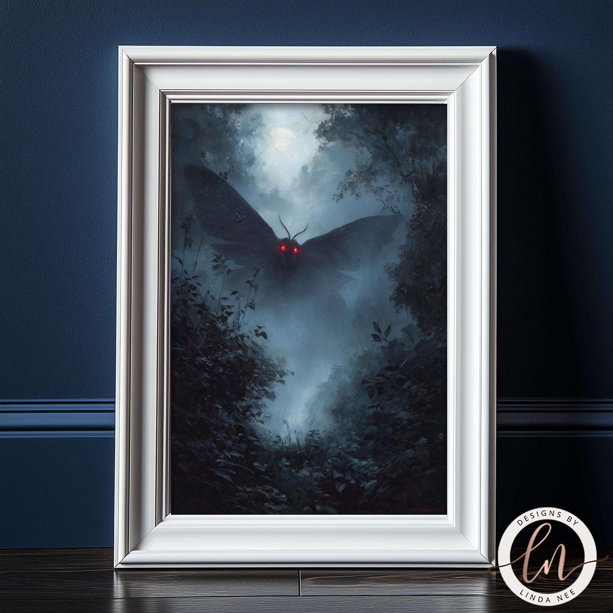 a large moth with glowing red eyes flying through a misty, dark forest.