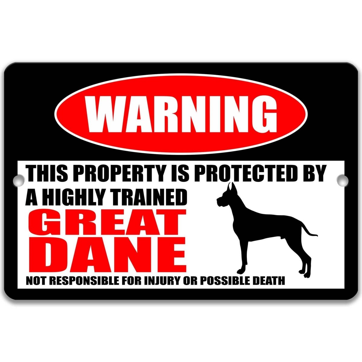 Great Dane warning metal sign, Great Dane dog silhouette beside bold red WARNING lettering, 'not responsible for injury or possible death'