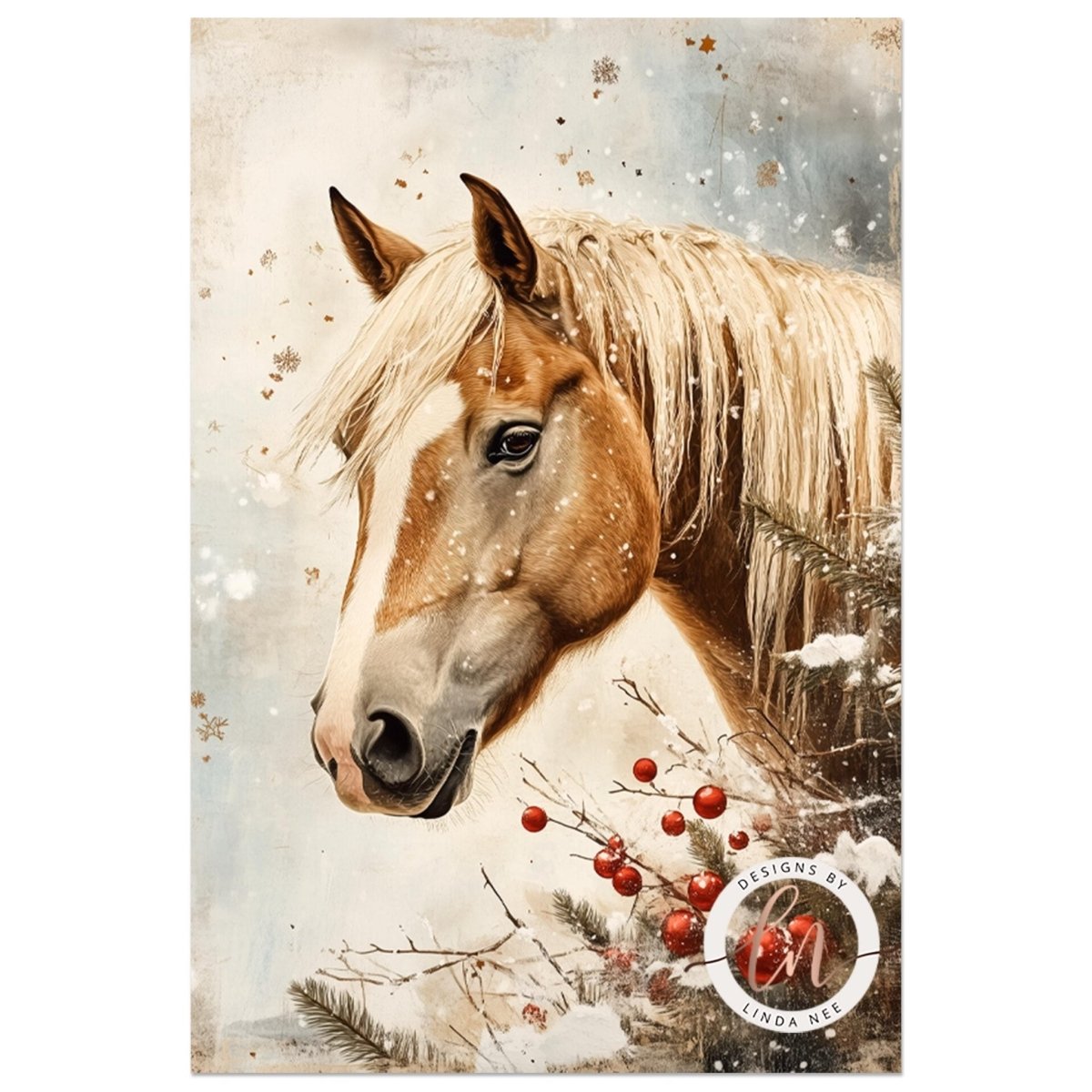 A close-up portrait of a horse with a snowy background, featuring a mix of natural elements such as pine branches, berries, and snowflakes.