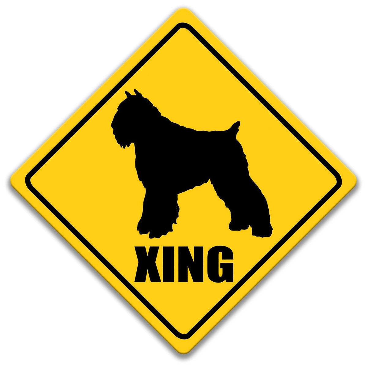A yellow diamond-shaped road sign with a silhouette of a dog, and the word "XING" below it.
