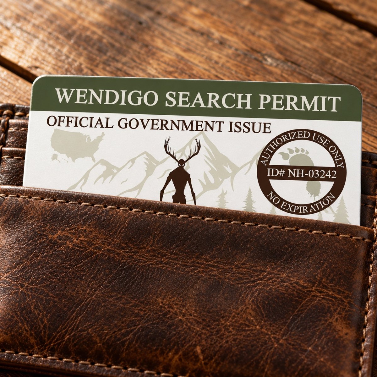 A brown leather wallet containing a Wendigo search permit card.