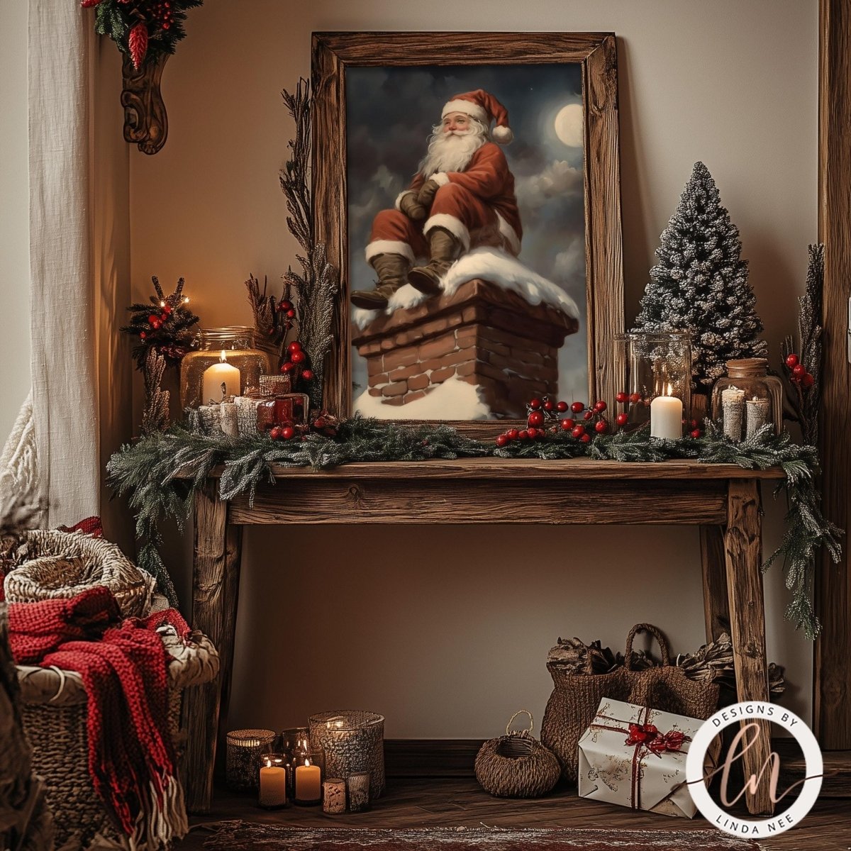 Santa chimney art print displayed with garland, candles and a decorated tree