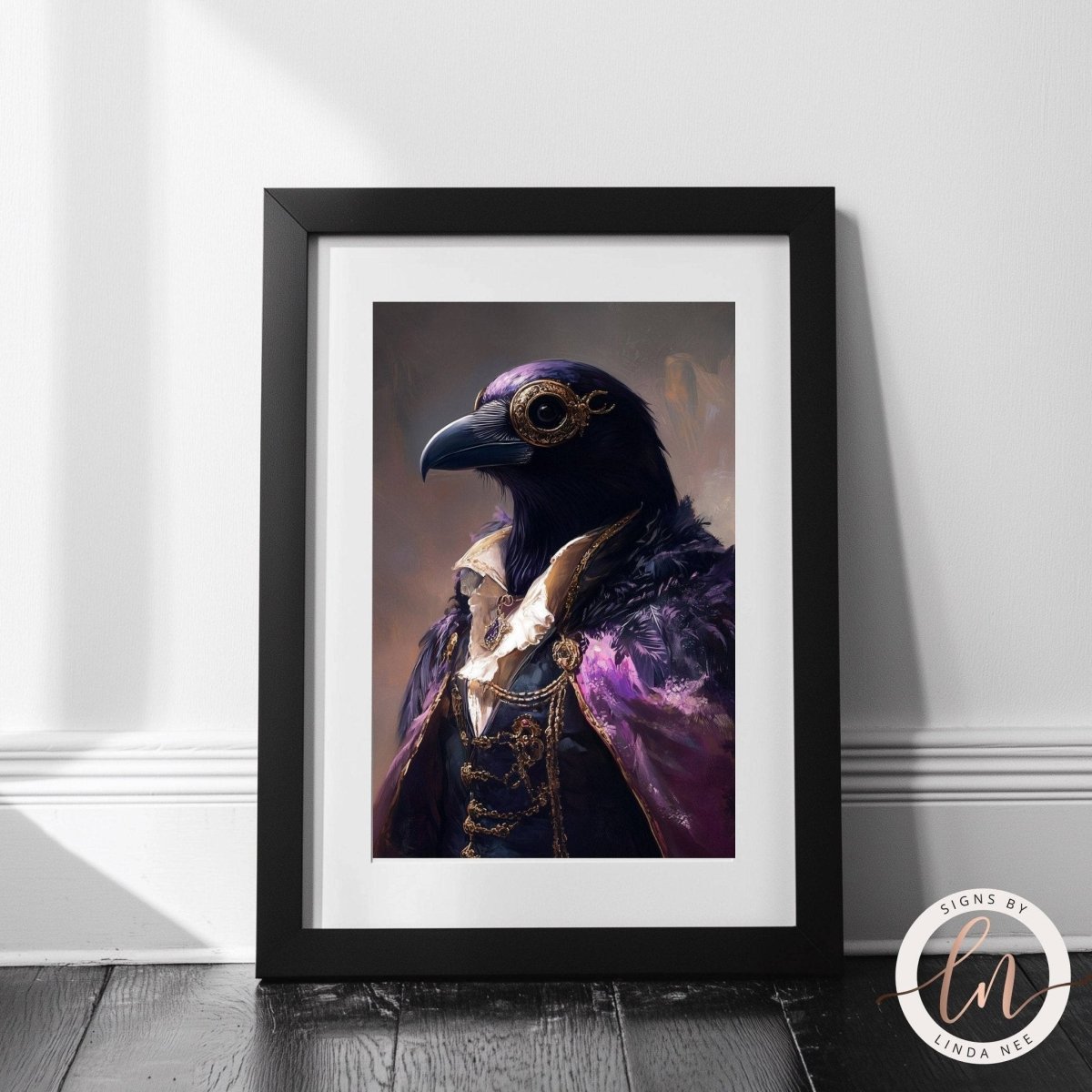a framed painting of a bird wearing a purple and gold outfit, with a black beak and a decorative headpiece.