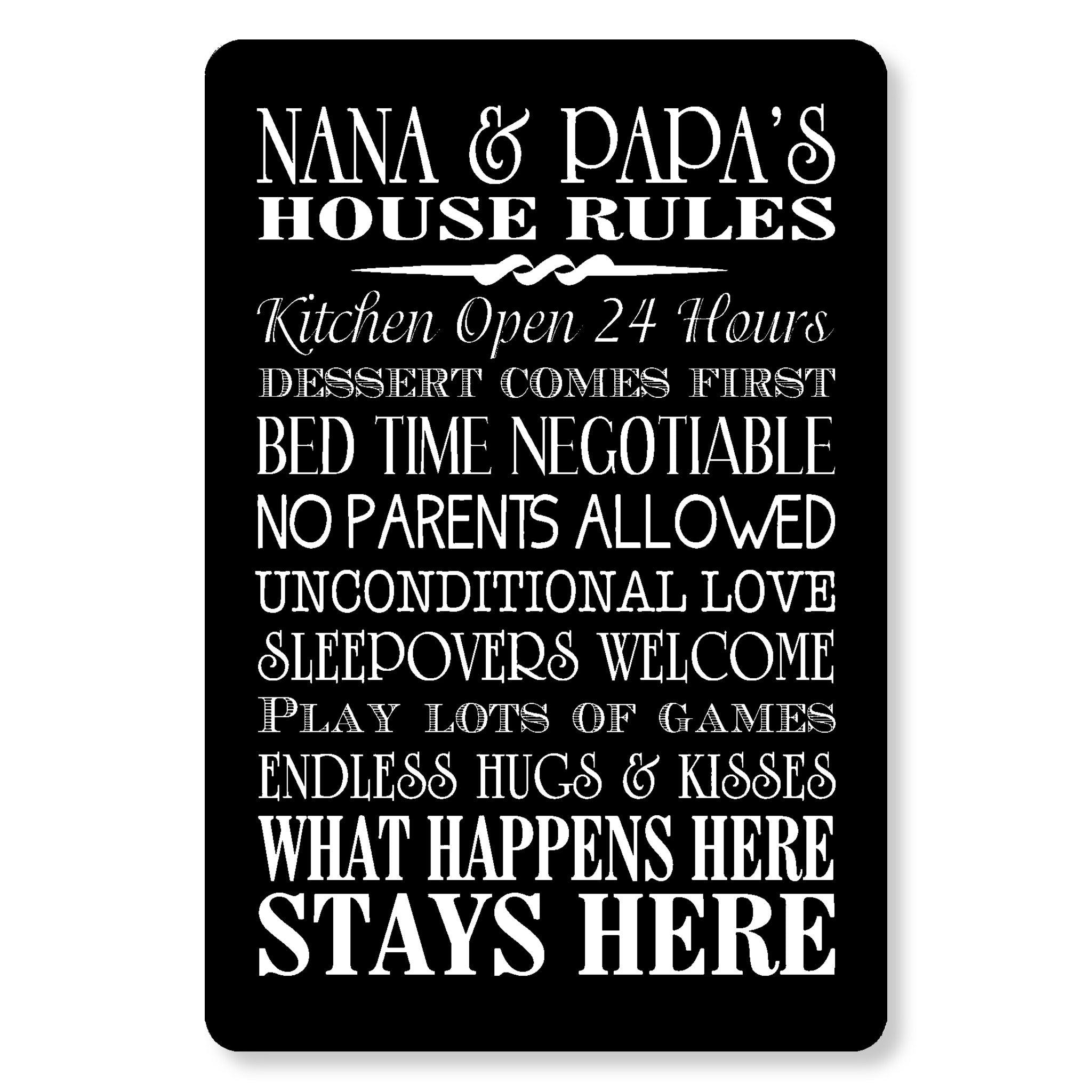 a sign with a list of rules for a house, including kitchen hours, dessert time, bedtime, and other household guidelines.