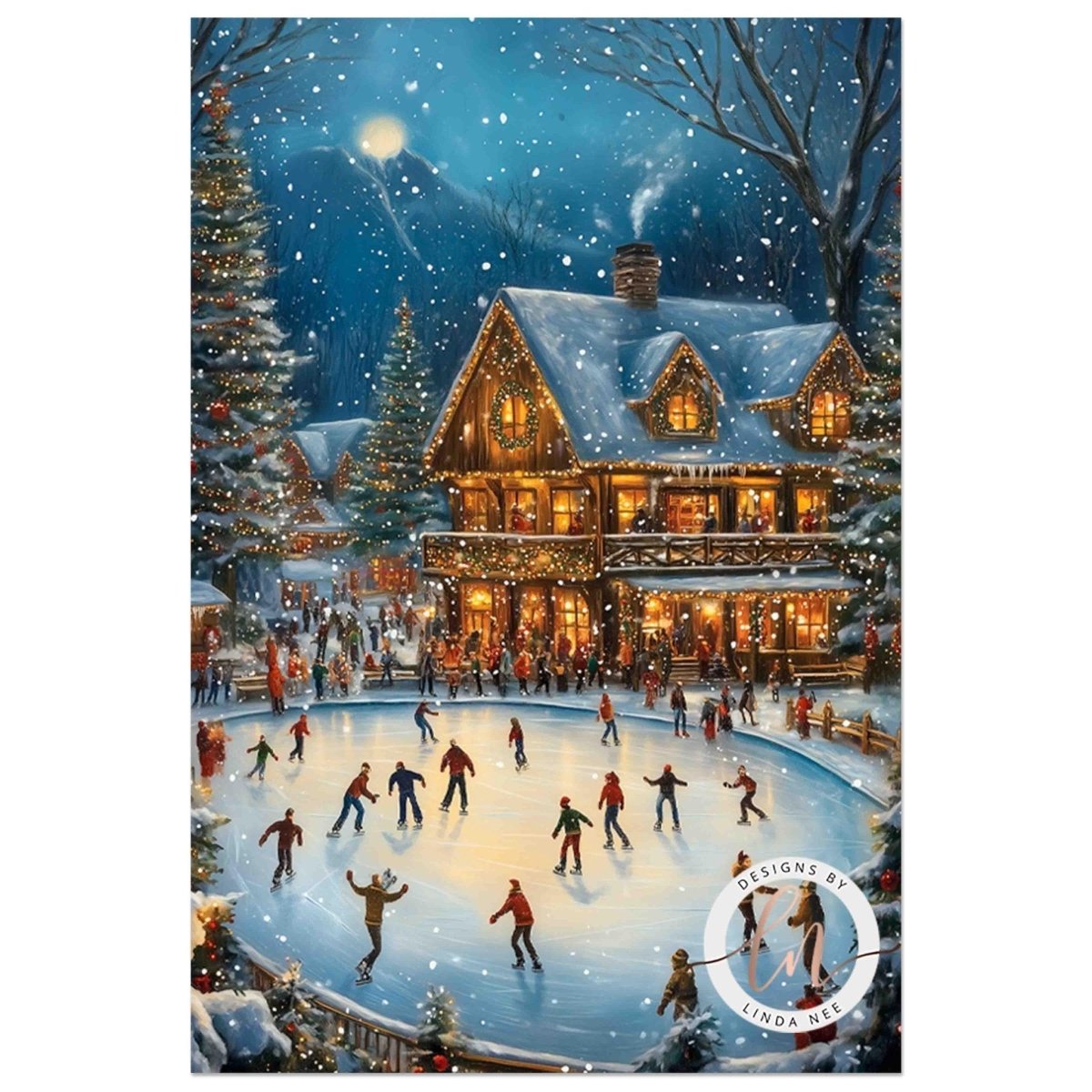 People ice skating on a frozen pond in a festive village with mountains behind