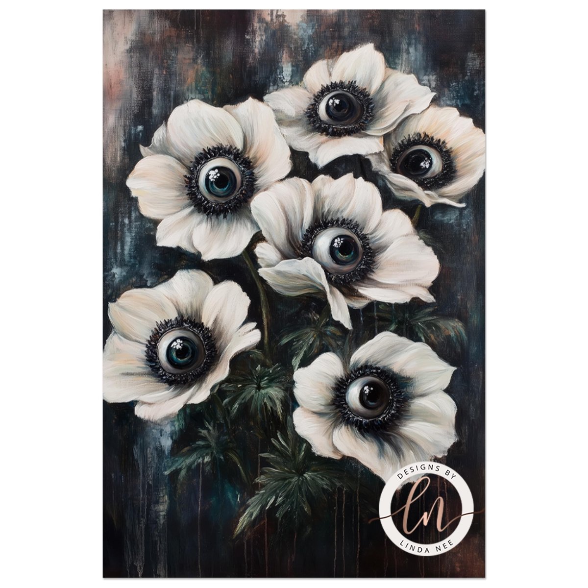Close view of white flowers with eyes set into the petals