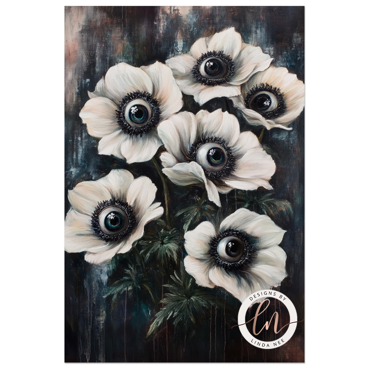 The image is a painting of white flowers with black centers, featuring large, round eyes on the petals.