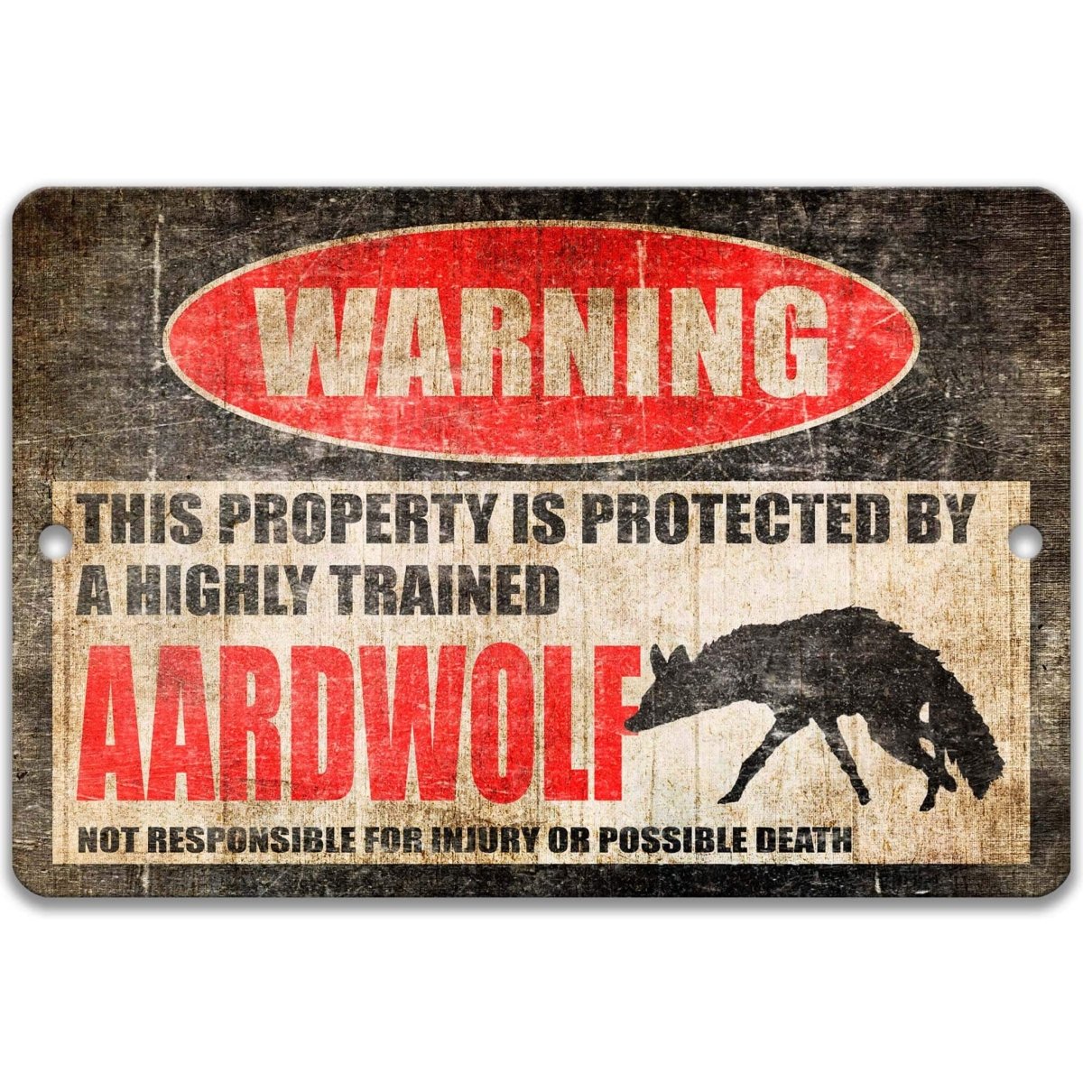 Aardwolf warning metal sign, glossy black, red WARNING oval and hyena-like aardwolf silhouette