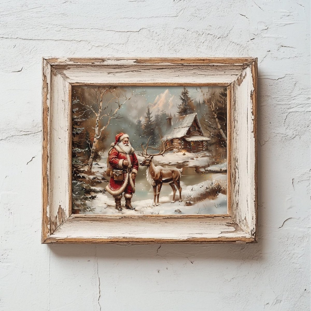 A framed painting depicting Santa Claus standing next to a reindeer in a snowy winter landscape with a cabin in the background.