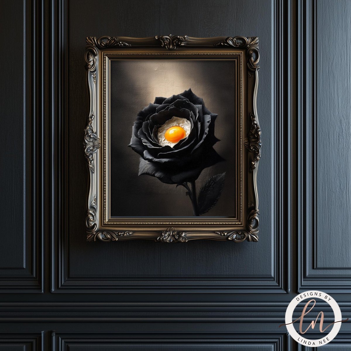 a black rose with an egg yolk in the center, displayed in an ornate gold frame against a dark background.