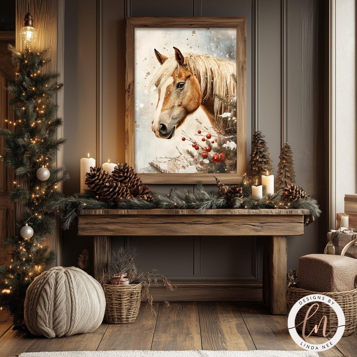 a cozy and festive room decorated for Christmas. A large framed picture of a horse is prominently displayed on the wall, surrounded by pine cones, pine branches, and other holiday decorations. The room also includes a wooden table with a vase of flowers, a wicker basket, and a Christmas tree with twinkling lights. The overall atmosphere is warm and inviting, with the horse picture adding a touch of nature and charm to the space.