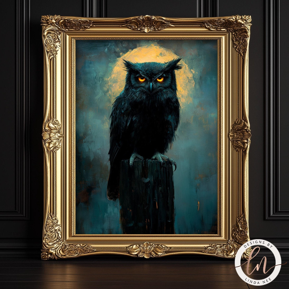 a large, ornate gold frame containing a painting of a black owl perched on a tree stump.
