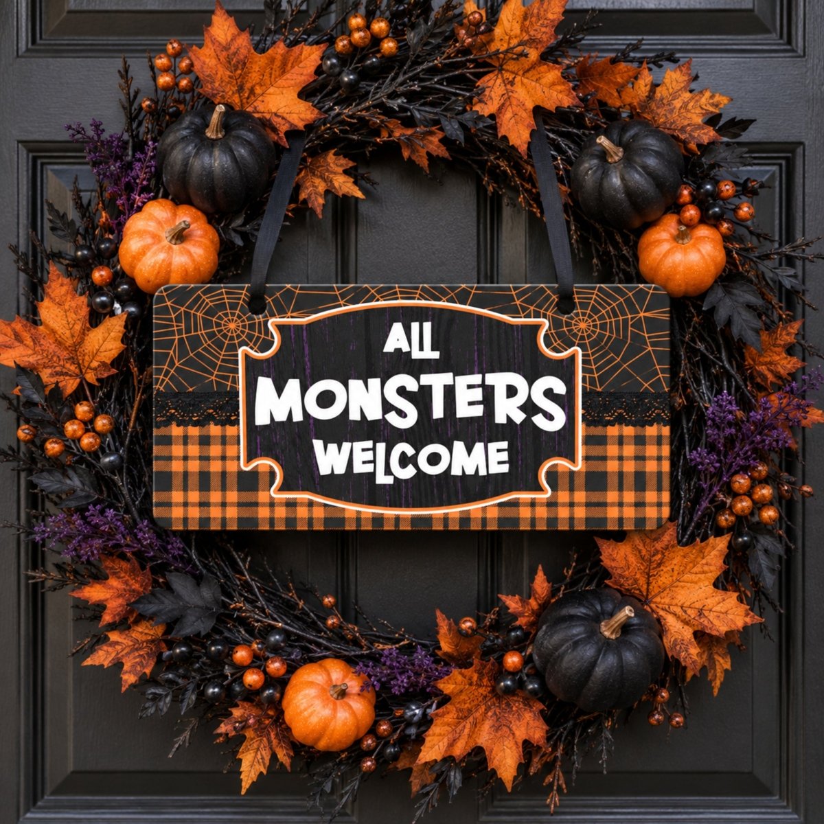Plaid All Monsters Welcome sign centered in a door wreath