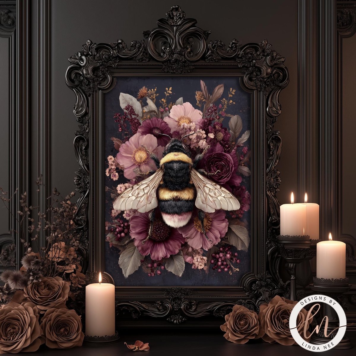 a framed painting of a bee surrounded by a vibrant floral arrangement, with candles and other decorative elements in the foreground.