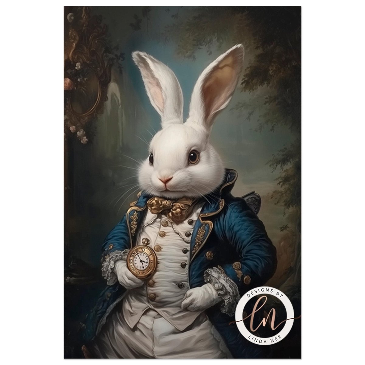 White rabbit with pocket watch set against a dark mossy background