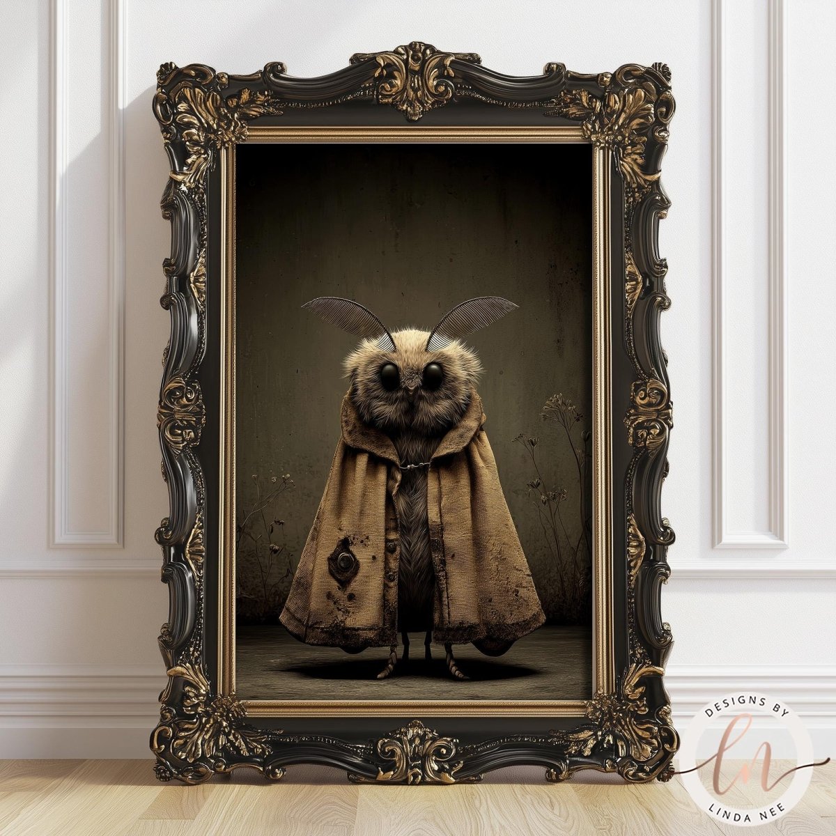 a large, ornate frame containing a detailed painting of a moth with a cape-like garment.