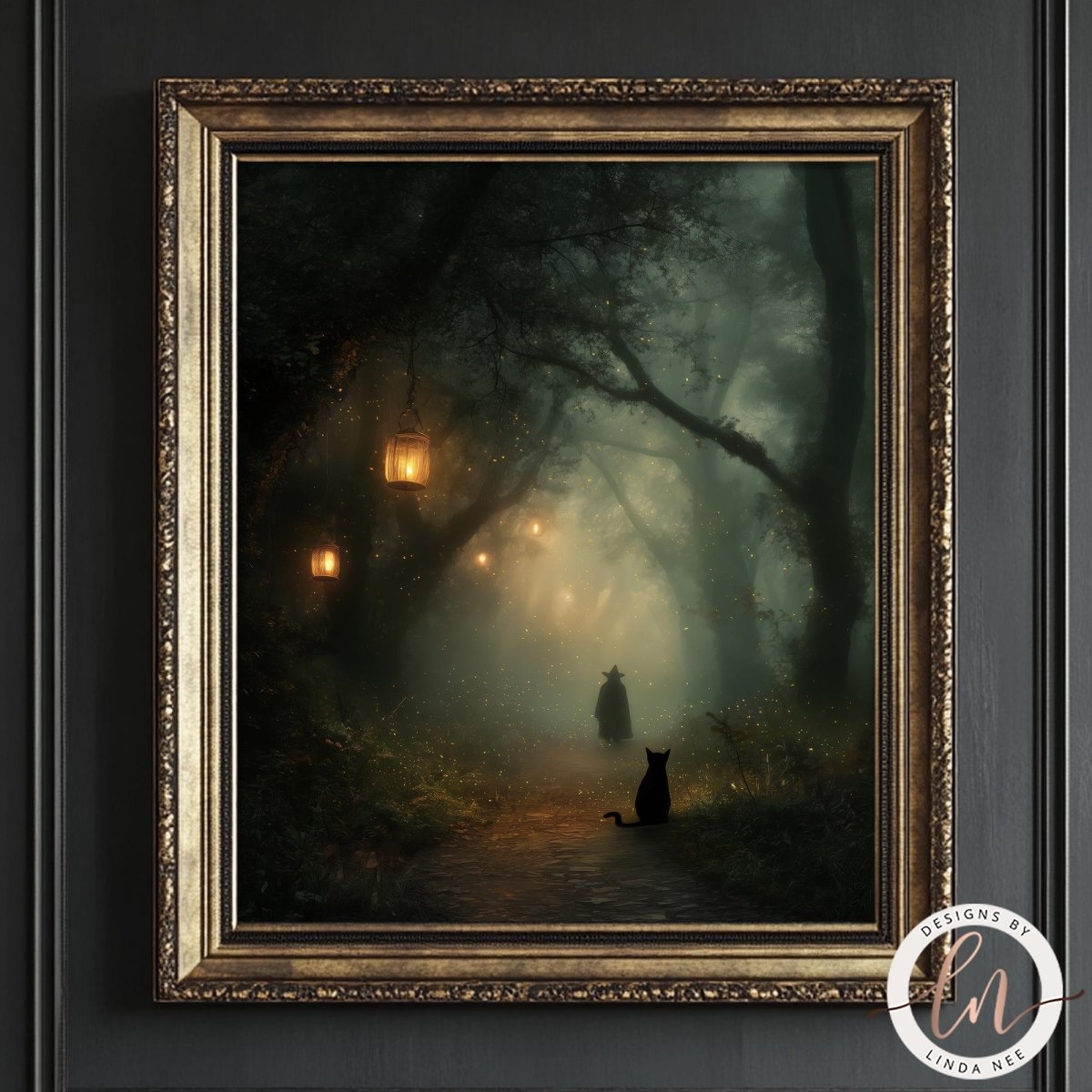 A moody fine art image of a dark, foggy forest path at night. Glowing lanterns hang from twisted tree branches, illuminating a shadowy figure in a witch's hat walking into the distance. A black cat sits in the foreground, facing away and looking down the path. Light sparkles like fireflies are scattered throughout the misty air.