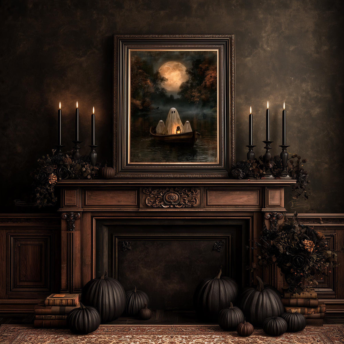 Halloween mantel with pumpkins and candles beneath the ghost rowboat art print