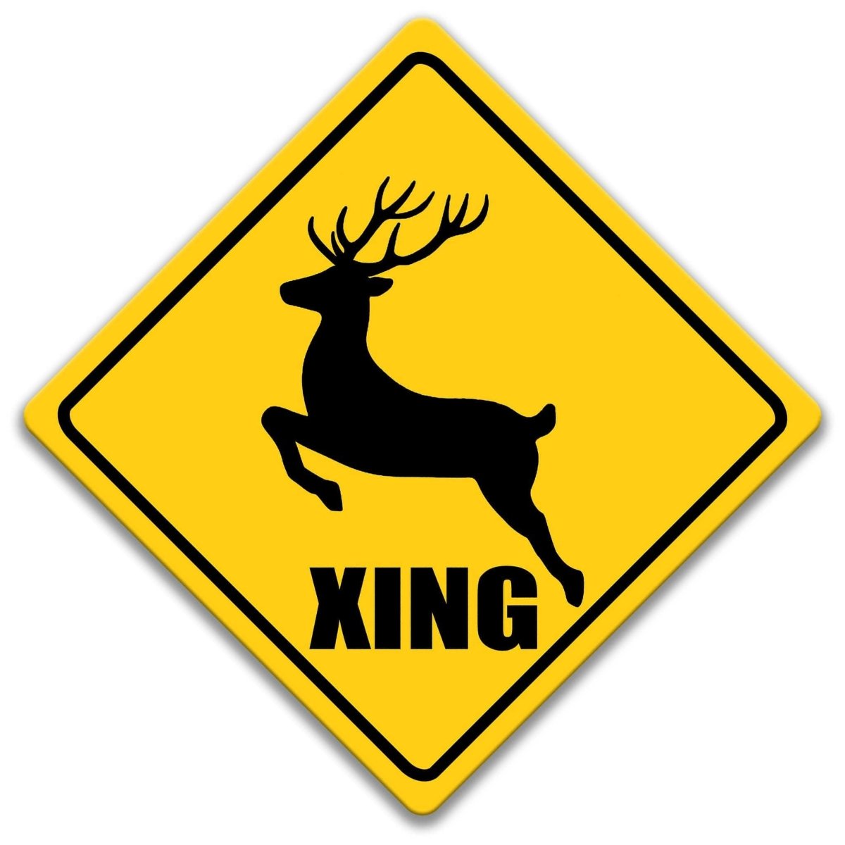 A yellow diamond-shaped road sign with a black silhouette of a deer in mid-leap, and the word "XING" below it.