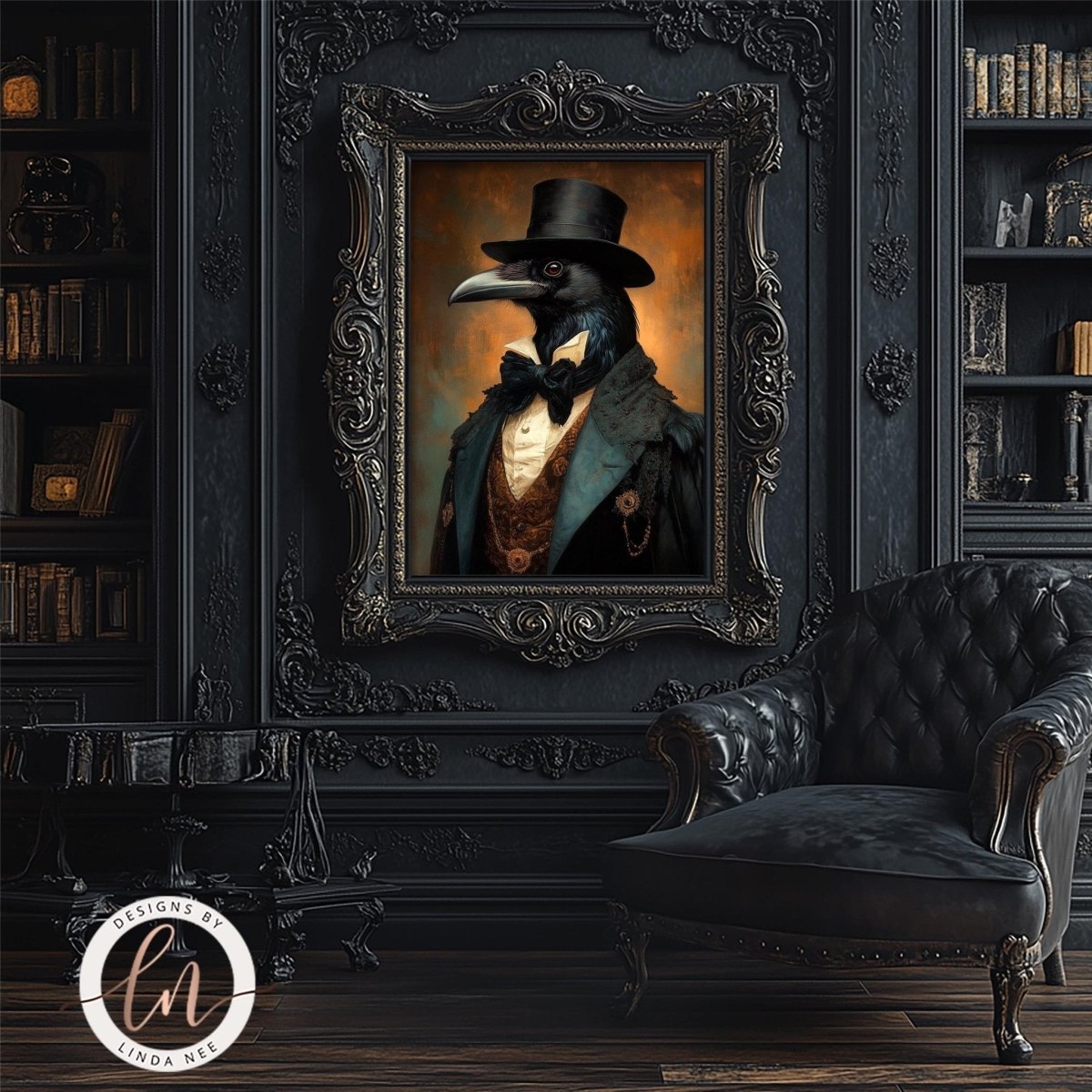 Edwardian raven portrait displayed in a room with a leather chair