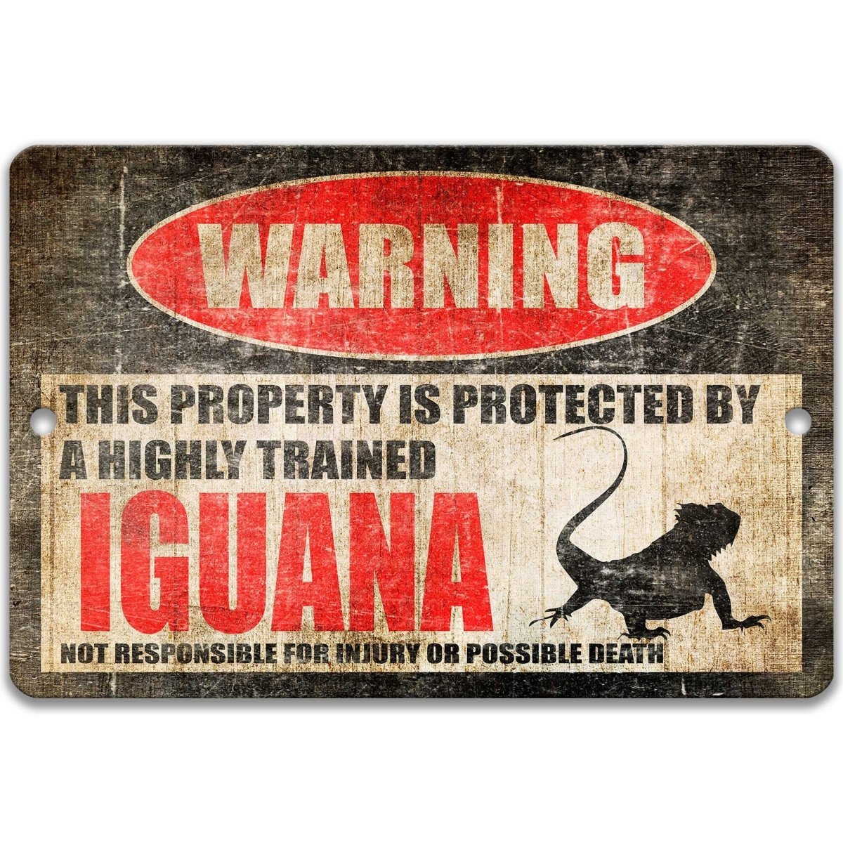 Iguana warning sign, red WARNING oval, this property is protected by a highly trained Iguana, with iguana silhouette