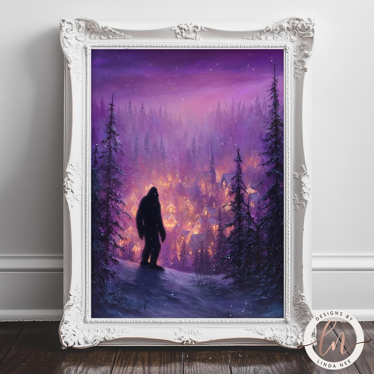 Bigfoot silhouette against a vivid purple and blue winter sky above snowy pines