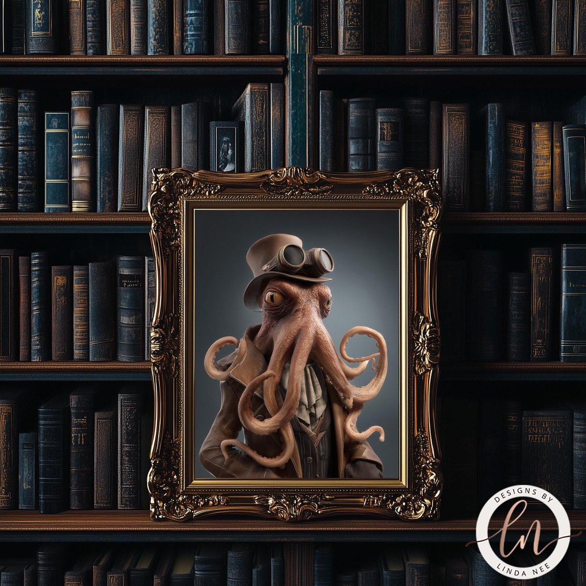 A framed image of an octopus wearing a top hat and coat, set against a dark background with bookshelves filled with books.