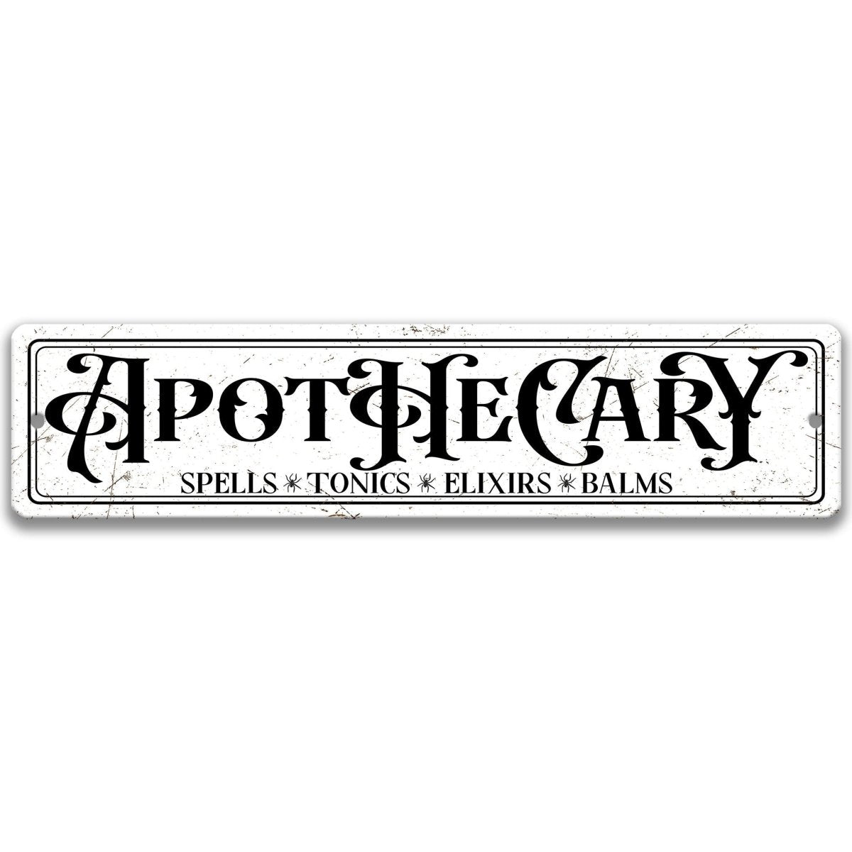 Apothecary Halloween street sign with spells, tonics, elixirs, and balms lettering