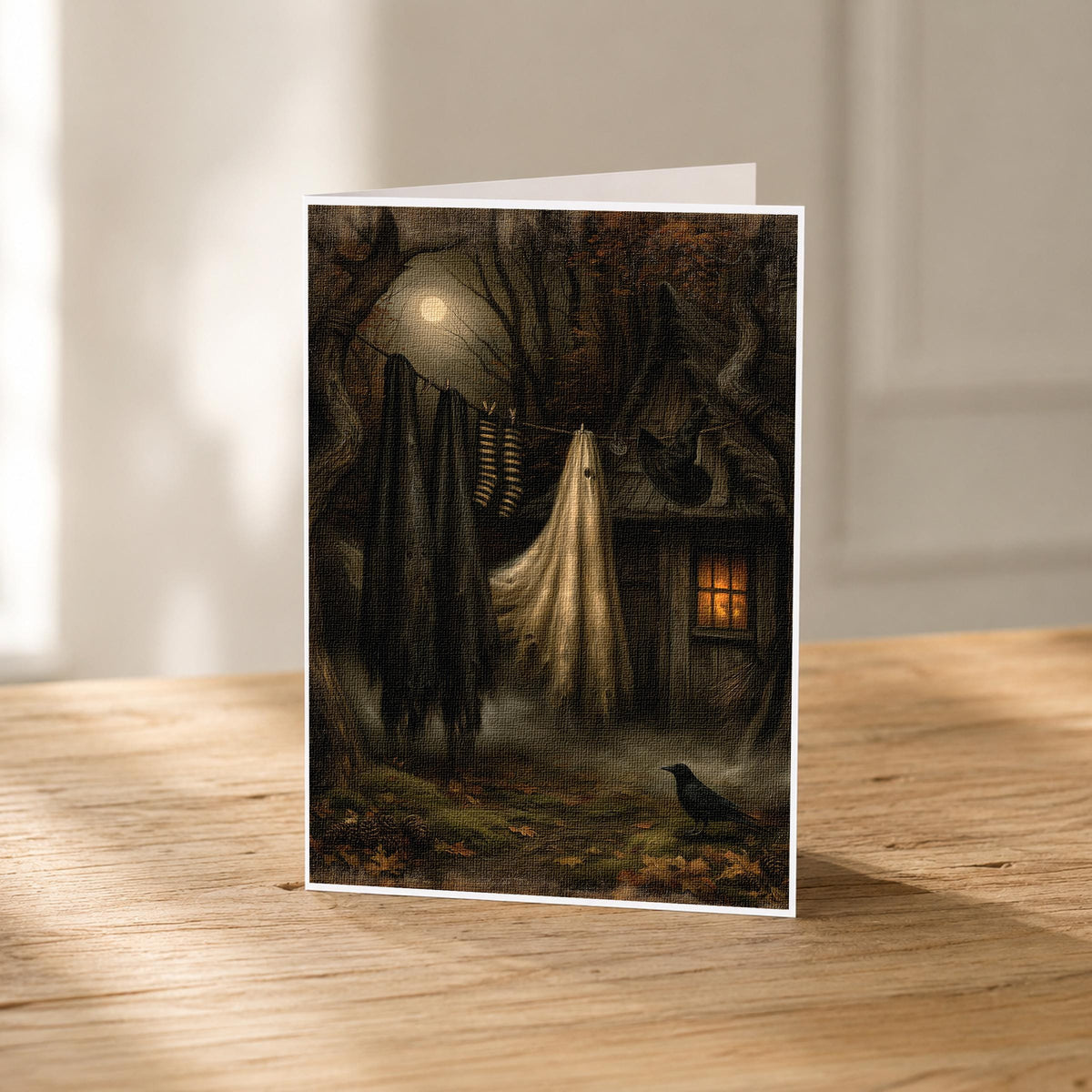 5x7 witch laundry blank note card standing upright showing its linen texture