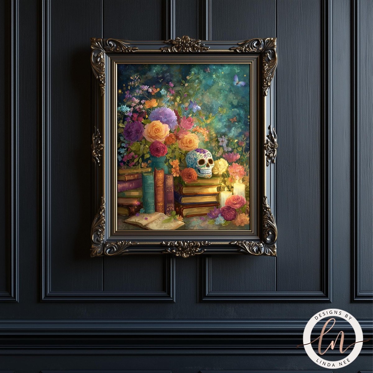a framed painting of a skull surrounded by a vibrant array of flowers and books, set against a dark background.