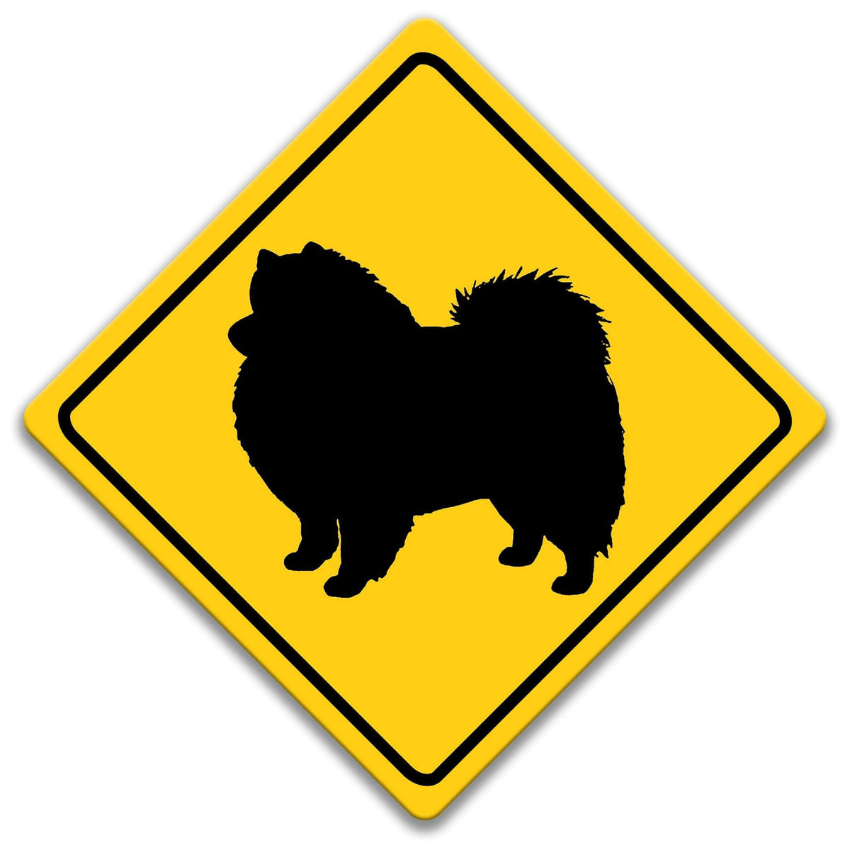 A yellow diamond-shaped sign with a black silhouette of a dog in the center.