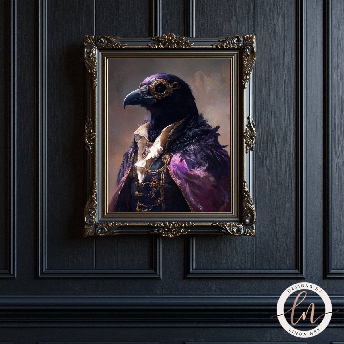 a framed painting of a black bird, possibly a crow, wearing a purple and gold outfit.