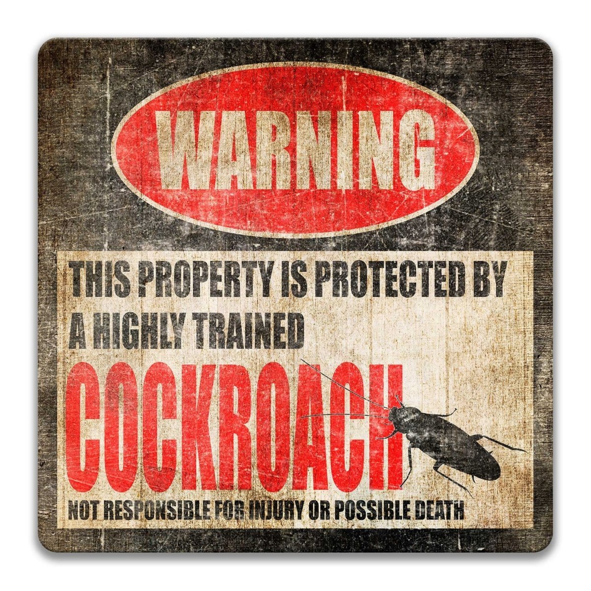 Cockroach warning sign, red WARNING banner and large cockroach silhouette, funny Cockroach lover gift, aluminum with rounded corners