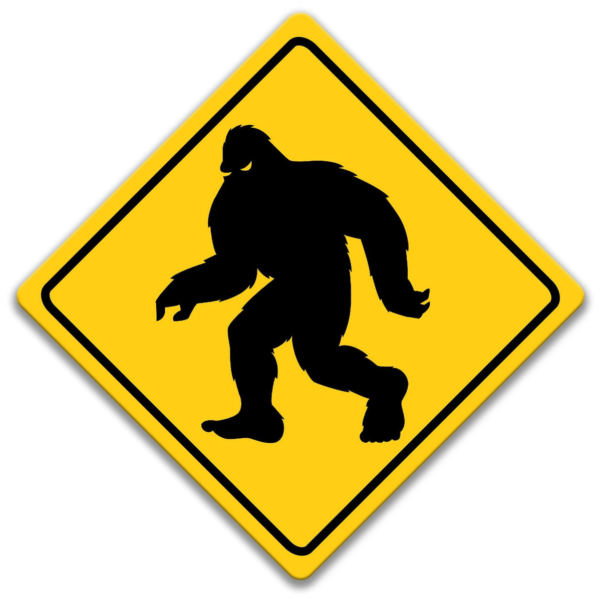 Abominable Snowman caution sign, yellow diamond shape, bold black snowman silhouette