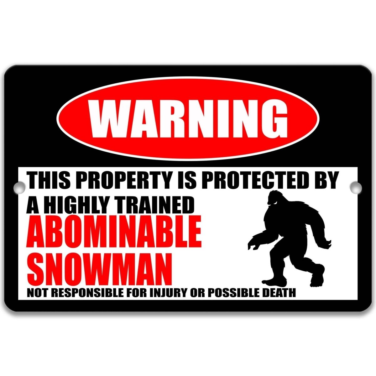 Abominable Snowman warning metal sign, glossy black, red WARNING oval and abominable snowman silhouette