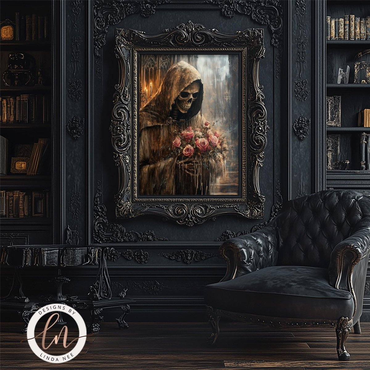 Grim reaper with bouquet artwork in a moody dark atmosphere
