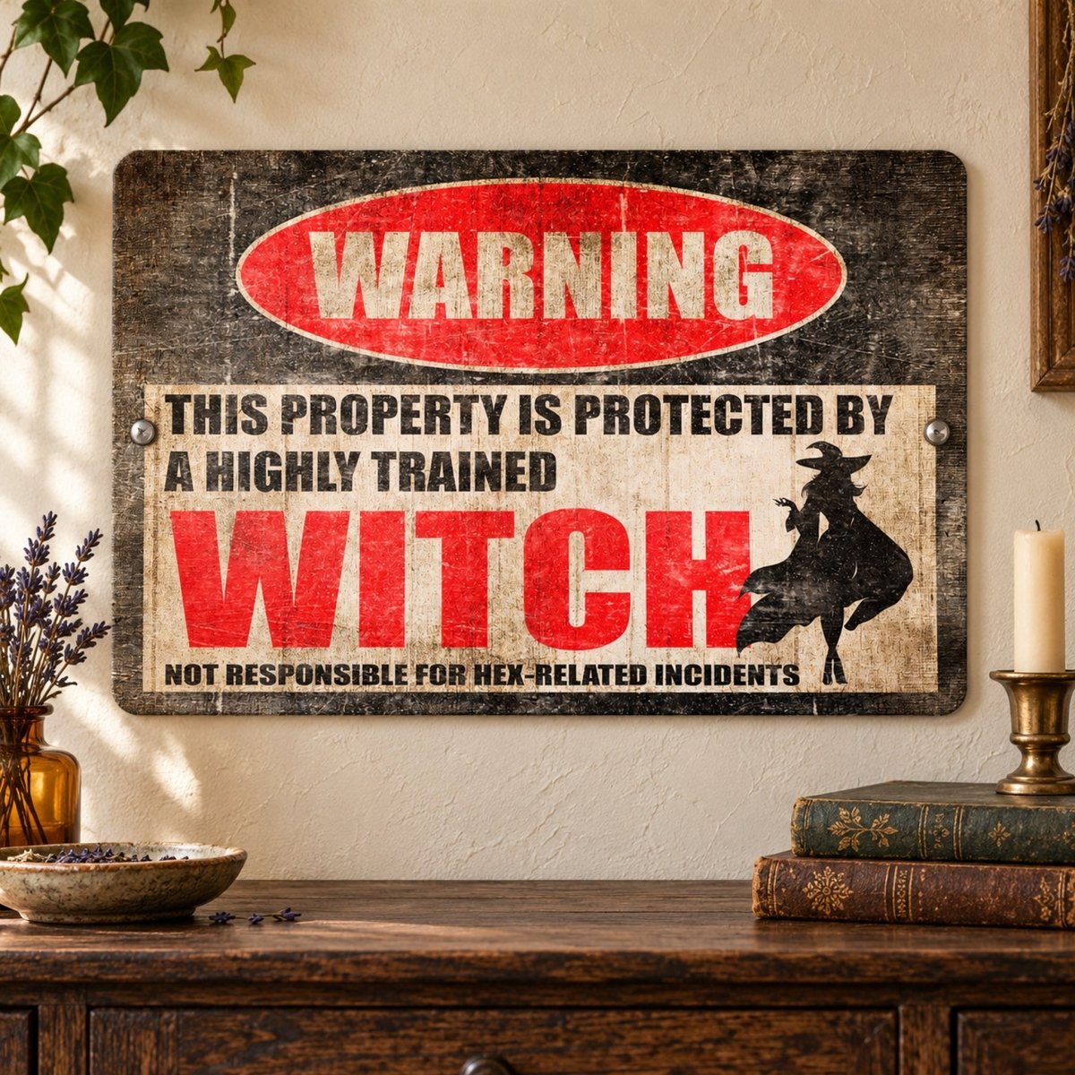 a sign that reads "WARNING: THIS PROPERTY IS PROTECTED BY A highly trained WITCH. NOT RESPONSIBLE FOR hex-related incidents."