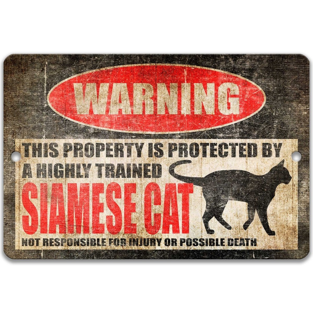 Siamese Cat warning metal sign, Siamese cat silhouette beside bold red WARNING lettering, 'not responsible for injury or possible death'