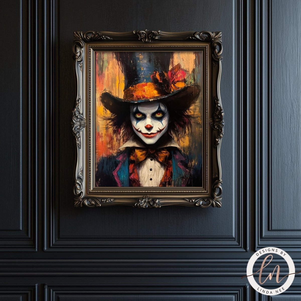 Clown portrait with white face paint and red lips against a plain background