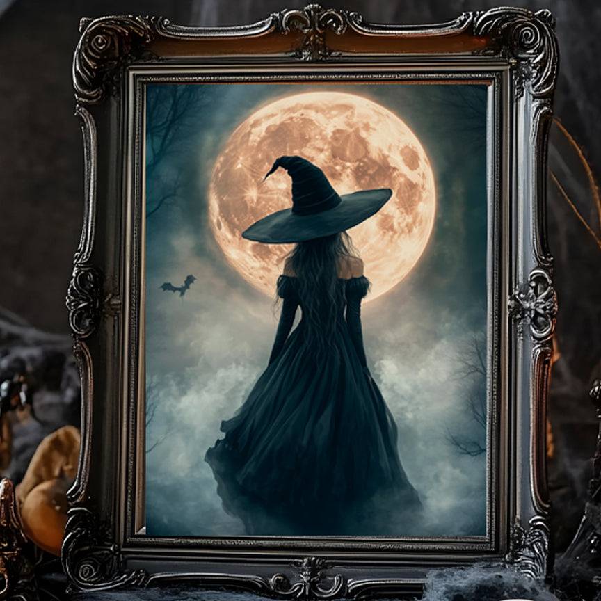 Witch in a black dress standing before a large glowing moon with a bat