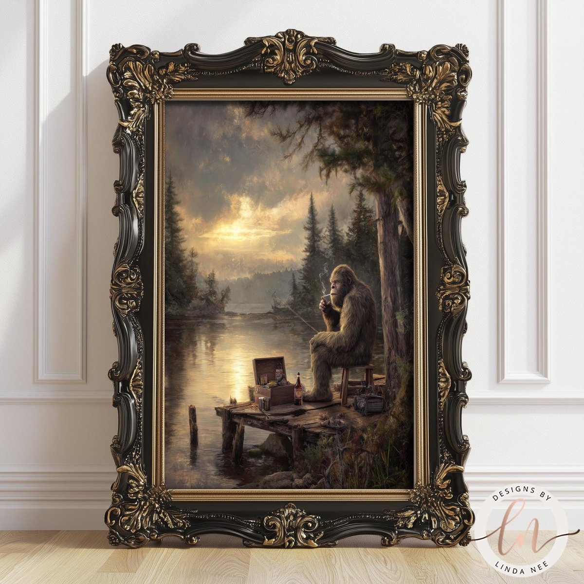 The image is a painting of a person sitting on a bench by a lake, with a large tree in the background. The painting is framed in an ornate black frame and is displayed on a white wall.