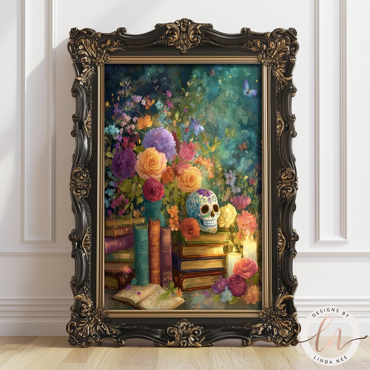 The image is a framed painting depicting a vibrant and colorful scene with a skull, flowers, books, and candles.