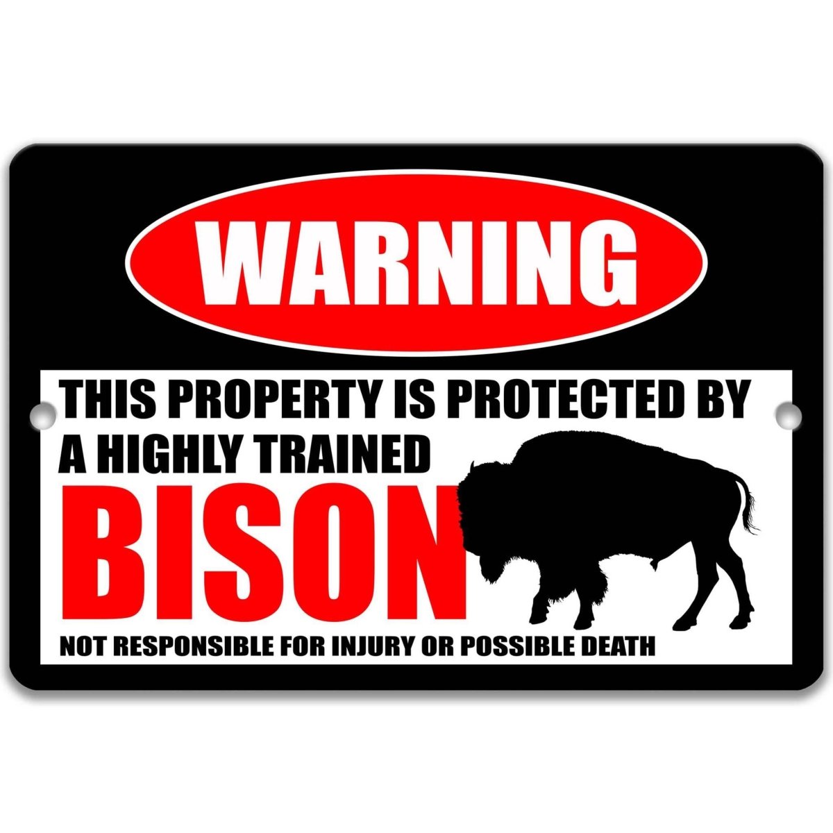 Bison warning metal sign, glossy black, red WARNING oval and American bison silhouette
